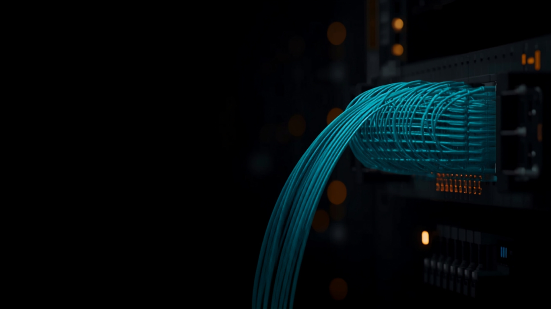 Aqua fibre-optic cables sweeping into a network switch