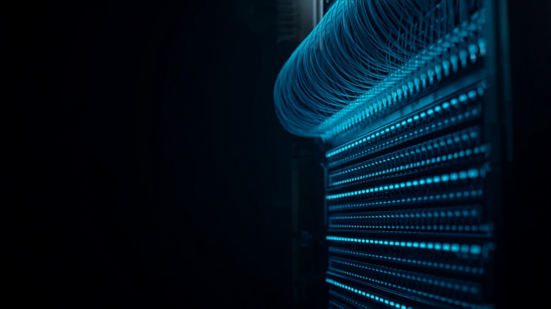Fibre patch panel glowing cyan in a core network rack